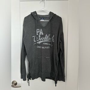 MV Sport Gray Distressed Criss Cross Woodloch Hoodie Sweatshirt